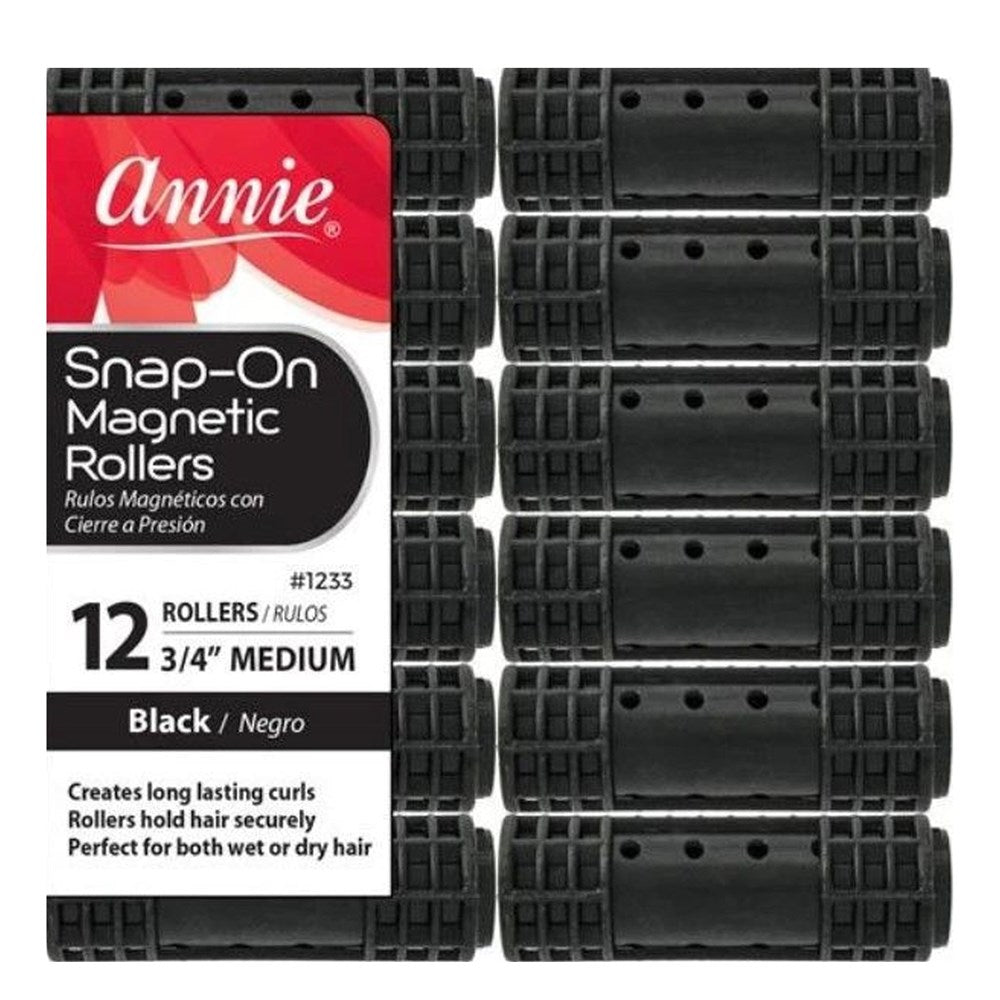 ANNIE Snap-On Magnetic Rollers Medium (3/4" Diameter) 12ct Black